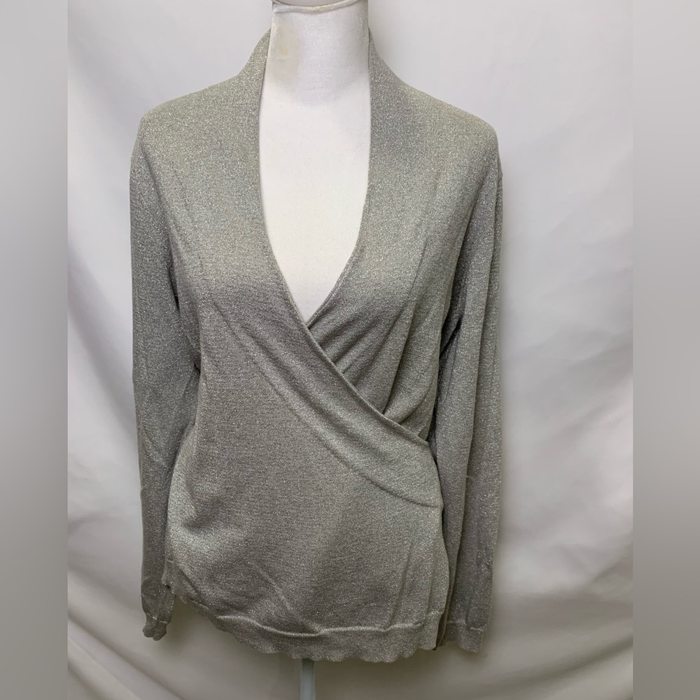 Ralph Lauren Silver Silk Metallic blend Wrap Sweater top Lg